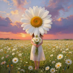 head made of giant daisies, girl standing barefoot in a vast flower field, holding flowers, surreal photography, sunrise dramatic light, impressionist painting, colorful clouds, large sky, digital painting, artstation, simon stalenhag, flower face