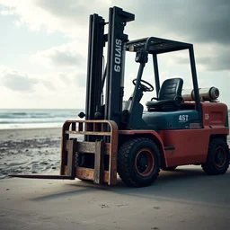 photo of a forklift on the beach, cinema style, 4 k, photo lense