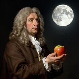 isaac newton holding an apple in his hands and looking at the moon
