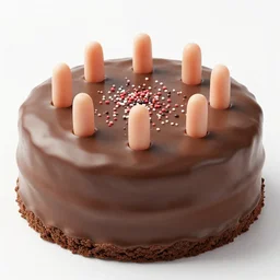 chocolate cake with tiny human fingers sprinkled on it