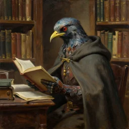 a humanoid bird wearing a cloak, studying in a library, fantasy art, oil painting,