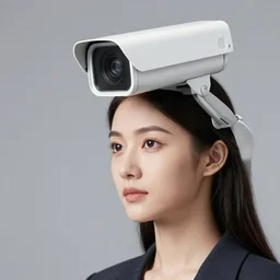 woman with security camera for head