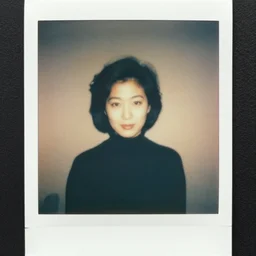 Polaroid of a female japanese folk singer wearing a turtleneck, very hazy, faded, 1976