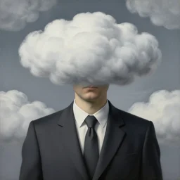 portrait of a faceless cloud - head man in a suit, clouds in the background, by rene magritte, detailed painting, distance, middle centered, hd, hq, high resolution, high detail, 4 k, 8 k
