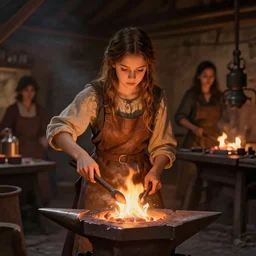portrait of a young girl working in a blacksmith's forge, fantasy art, fire, digital art, unreal engine, in the style of alexander jansson and mark ryden and lilia alvarado,