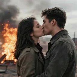 1 9 5 0 s couple being incinerated by nuclear war, kissing, burning up, atomic mushroom cloud in distance, halftone