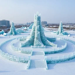 A sprawling metropolis made entirely of ice buildings