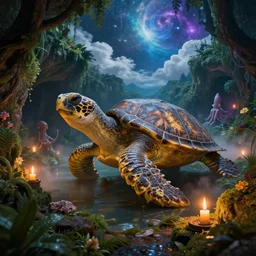 fantasy fairytale story, great leviathan turtle, hybrid, cephalopod, reptilian, cyborg, squid terrapin, cthulhu, mysterious island universe, cozy, hot springs cave, forest, candlelight, natural light, lush plants and flowers, mountains, bright clouds, luminous stellar sky, outer celestial worlds, intense fantasy atmospheric lighting, hyper realistic, golden dapple lighting, jessica rossier, michael cheval, michael whelan, unreal engine, hd,