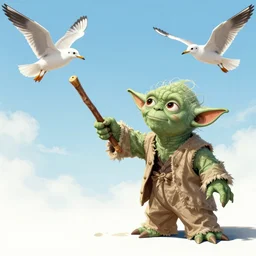 Yoda hitting the seagulls away with his stick, digital art, detailed
