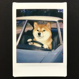 cartoon of a shiba inu driving a car, 1977 picture, polaroid, nostalgic feeling