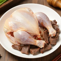 Raw chicken with cooked beef