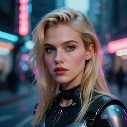 A hyper realistic and detailed head portrait photography of futuristic atomic blonde youthful female in futuristic clothing on a futuristic street. by Annie Leibovitz. Neo noir style. Cinematic. neon lights glow in the background. Cinestill 800T film. Lens flare. Helios 44m