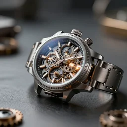 complex 3 d render of a futuristic steampunk watch lying on a table, high detail, sharp focus, glowing interior components, intricate detail, depth of field, bokeh, cinematic lighting and composition, octane render, film grain, crisp clean geometric lines