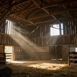 inside a large barn, dramatic lighting, sunlight, cinematic, photorealistic, artstation hd