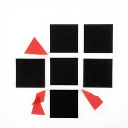 five black squares and three red triangles on white background