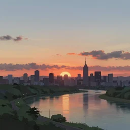 a digital art of sunset, a metropolis beside the river, by laurie greasley, artstation, studio ghibli color scheme