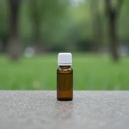 symmetrical photo of small bottle standing, park background
