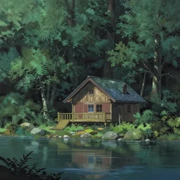 high detail sharp anime gouache background  ,  moody anime forest house near lake  , panorama painting by by chun li