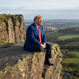 donald trump sitting on almscliff crag in leeds england 8k highly detailed photograph, award winning, beautiful lighting, daytime view