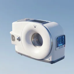 a gigantic mri machine toaster digital movie camera shaped spaceship floating in the sky, maschinen krieger, ilm, beeple, star citizen halo, mass effect, transformers, elysium, warm saturated colours