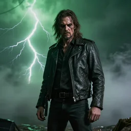 leather jacket, concert, herman brood, green lightning, fog, scary, arrogant, hostile, photorealistic, cinematic, hyper realistic, octane render, 8 k, wide angle
