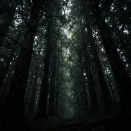a dark forest, trees towering overhead, branches twisting and reaching. painting, digital art, harsh lighting, 4 k hd wallpaper, trending on art station, scary