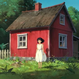 a young woman in the shadow! of a red cottage!. black hair, white! dress, sharp focus, wide angle, studio ghibli, trending on artstation
