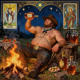 a dramatic, epic, ethereal painting of a !!!handsome!!! thicc chunky beefy mischievous shirtless rugged man with a big beer belly wearing a large belt and bandana offering a whiskey bottle | he is a cowboy relaxing by a campfire | background is a late night with food and jugs of whisky | homoerotic | stars, tarot card, art deco, art nouveau, mosaic, intricate | by Mark Maggiori (((and Alphonse Mucha))) | trending on artstation