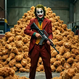 cinematic shot of the joker holding a black assault rifle and standing in front of a large pile of fried chicken in a warehouse, 8 k, very intricate, very detailed,