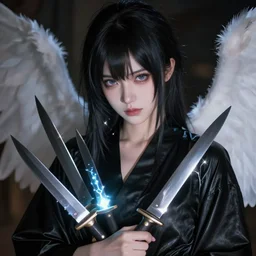 hd photo detailed portrait of angelic cg anime girl beautiful face and knives and synaptic glows wearing black silk leather robe photorealistic cinematic technoir shot with leica zeiss depth of field and lens flare in style of frank miller alex ross kentaro miura giger ito junji davinci trending on pixiv artstation flickr