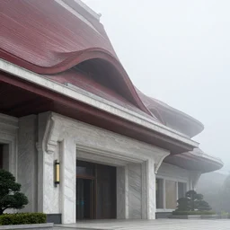 curved roof planes lift and descend creating shade and architectural expression, highly detailed, marble, vivid color, high resolution photography, mist, entrance facade