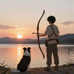 anime key art art of a bow with his border collie watching an amazing sunset over a beautiful lake, artstation