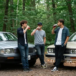 3 friends drinking near a forest, standing next to a chrysler 3 0 0