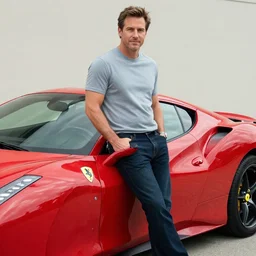 nathan fillion leaning on a red ferrari parked in front of a upscale storefront in a GTA V loading screen