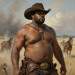 a beautiful dramatic epic painting of a thicc chunky beefy handsome black man | he is shirtless and wearing a cowboy hat and leather harness | dusty prairie setting, horses in distance | homoerotic, highly detailed, dramatic lighting | by Mark Maggiori, by William Herbert Dunton, by Charles Marion Russell | trending on artstation