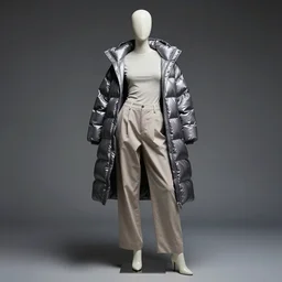 a full body shot of a female mannequin, designed by hans boodt, wearing baggy pants, a tight top and a shiny, puffy coat, epic studio lighting, fashion photography