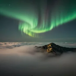 a beautiful digital artwork of clouds mixing with aurora borealis, fog, dark, volumetric lighting, tall mountains in the background, night, very detailed, cirrus, green accents, gold accents, washed out colors, ultrarealistic, master level composition, exhibit at the louvre museum