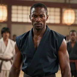 a film still of a black man starring in a japanese blockbuster film as heihachi from tekken 7, shallow depth of field, cinematic, award winning cgi, vfx, film still