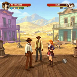 screenshot of gameplay dating simulator game set in 1 8 7 2, interior of old west saloon, featuring african american and japanese cowboys and cowgirls in ghost town with buildings painted bright pastel colors, morning light with mountains in the background