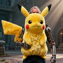 Jack Nicholson in costume of Terminator Pikachu hybred, scene where his endoskeleton gets exposed, still from the film