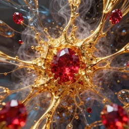 vivid conceptual dream of resonating pain, gold, ruby, glass, water, vaporwave, HDR, octane render, 8k, 4k