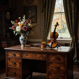 an old wooden desk with a flower vase and a violin, in a richly decorated Victorian house. the autumn light comes in through a window and dimly illuminates the room, softened diffuse light, photorealism, photo taken with a canon EOS and 35mm lens