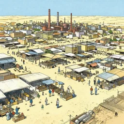 a marketplace with lots of people in an industrial desert city in the style of moebius