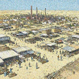 a marketplace with lots of people in an industrial desert city in the style of moebius