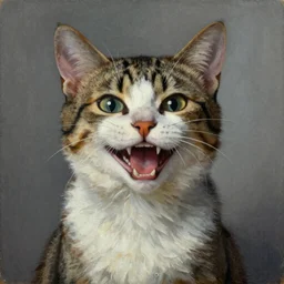 grinning cat, HD, award winning, in style of beksinski, film grain, medium format, 8k resolution, oil on canvas