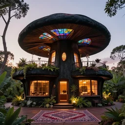 award winning exterior of an all black psychedelic modern ecopunk frank lloyd wright mushroom house mansion made entirely of redwood during sunset with soft lamp light, lots of plants and stained glass ceilings and persian rugs