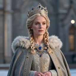 photo of a real! beautiful nordic queen with ornate crown and cloak