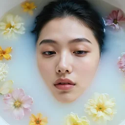 portrait photography of a woman's face floating in translucent milk water. flowers floating. kodak. hq.