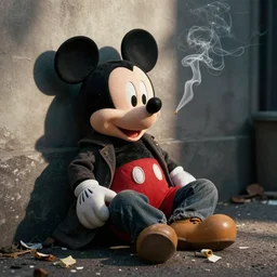 realistic photography of Mickey mouse being homeless in New York, smoking crack, prostituting himself
