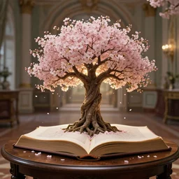 tree of life growing out of a book, on a wooden table, inside a palace, sakura flowers fell on the book, rim light, extremely detailed, masterpiece, artstation, cinematic lighting, photographic, by greg rutkowski and alphonse mucha, wolp